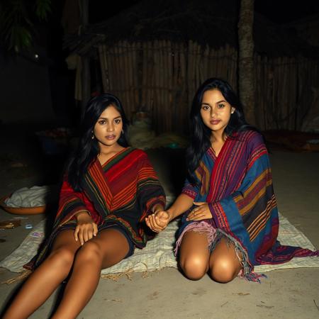 in a small Central American village, Friday night, drunk men lay about, two beautiful women, 18yo, wearing multicolored Guatemalan serapes, shyly holding hands