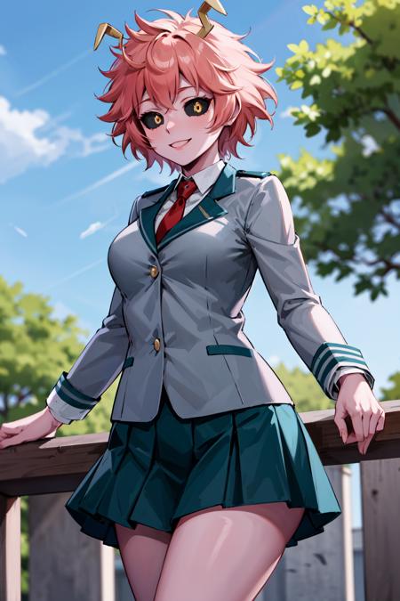 masterpiece, best quality, highres, ashidomina, short hair, horns, (colored sclera:1.1), (black sclera:1.2), pink skin, school uniform, red necktie, collared shirt, blazer, grey jacket, long sleeves, pleated skirt, green skirt, <lora:ashido_mina_v1:0.8>, <lyco:coloredSclera-000010:0.6>, smile, outdoors, standing, cowboy shot