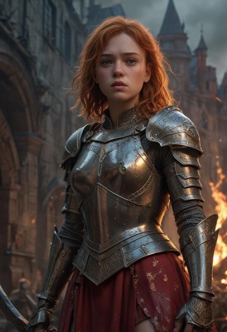High resolution ultra-realistic of Beautiful Sadie Sink as Warrior Joan of Arc, 8k, capturing the intensity of the moment, cinematic lighting, standing on a bloody and stormy battlefield in bloody battle, wavy red hair, realistic dirty pale face, realistic brown eyes, beautiful hourglass figure, burning in a medieval Town, intricately designed iron and silver armor, red mini skirt, Dark Ages Aesthetic, perfect athletic figure, beautiful Warrior Joan of Arc, fire, ultra realistic, cinematic style, vigorous and seductive, athletic figure, dark fantasy, dramatic lighting, wet and sweaty skin, dirty skin, athletic figure, dark fantasy, dramatic lighting, Greg Rutkowski style,, Warrior Joan of Arc on in iron armor, hyper-detailed, hyper-realistic, bright colours, Attractive 21 old years girl, Attractive, beautiful firm Breasts, sharp focus, digital painting, Photograph Taken on Nikon D750, Alphonse Mucha, 8K, athletic figure, Hyperdetailed, hyperrealism, Attractive, Attractive bust girl, asymmetric balance