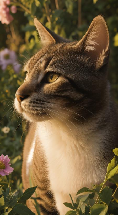 close-up, cat (in a very flowery field with diverse and beautiful colors_, photorealistic, HDR, Celeste 