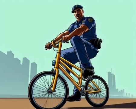 <lora:GTA_Style:0.8> GtaSA2004 a policeman on bmx bicycle, leg