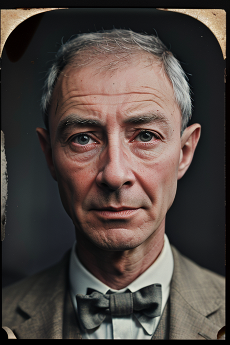 JRobertOppenheimer, ((1910s photograph, upper body, portrait, Edwardian attire, antique setting)), Century Camera Co. Studio, 160mm f/8, 1/10s, ISO 25, ((tintype))