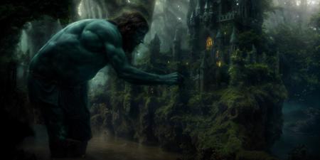 award winning photograph, monstrous giant standing in the ocean, next to a dense formation of beautiful elaborate sprawling medieval-style stone towers built on the ground in a forest, elegant, lighting creates a dramatic and epic atmosphere, chroma, volumetric, 8k resolution, trending on artstation