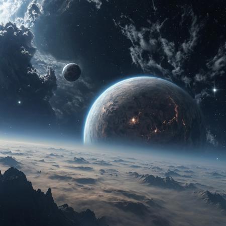 view from space on an ancient planet shrouded in clouds, a dying star in the background