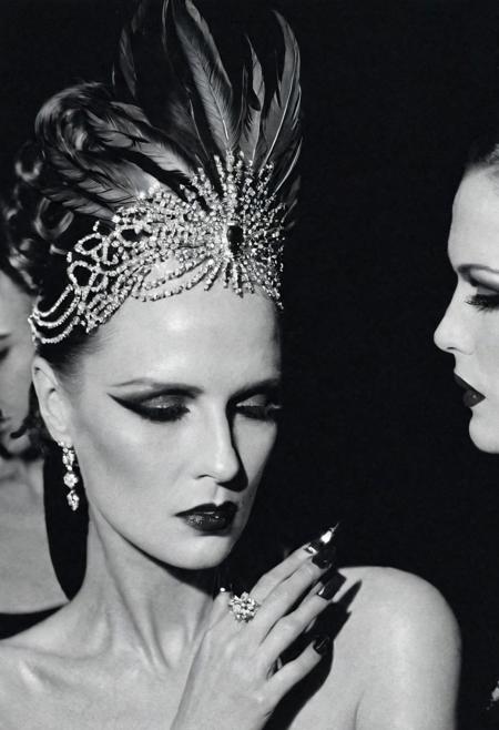 Photo by <lora:HELMUTNEWTON-000001:1> HELMUTNEWTON, photographer,  Close-up, High Key Lighting ,Fujifilm Provia 100F, “Cabaret Glamour”: Backstage at a burlesque show, a dancer adjusts her feathered headpiece. Sequins, red lipstick, and smoky eyes create an aura of sensuality. ,, fashion editorial photography, high-fashion imagery, avant-garde aesthetics, editorial storytelling, conveying fashion trends and concepts, artistic interpretation, expert styling, professional lighting, capturing fashion-forward visuals, creating visual impact, evoking emotion, pushing creative boundaries, large saggy breasts, deep cleavage, hard nipples,