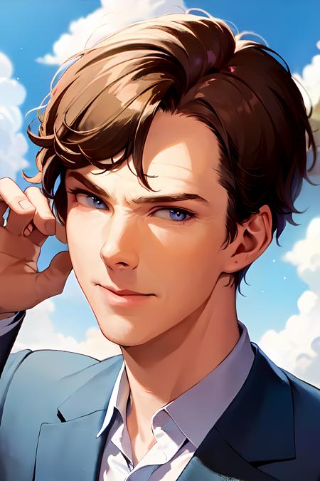 extreme portrait of bencumberbatch, a man wearing white shirt, business suit, anime, 2D, cloud, sky, blurry background, cityscape