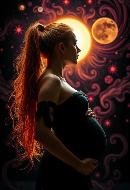 PsychadelicChaos,Psychedelic chaos, beautiful woman, ponytail, pregnant, pubic hair, swirling patterns, cosmic elements, cosmic theme, planet, ethereal glow, black room,sun set,orange long hair,depth_of_field, 3/4 shot