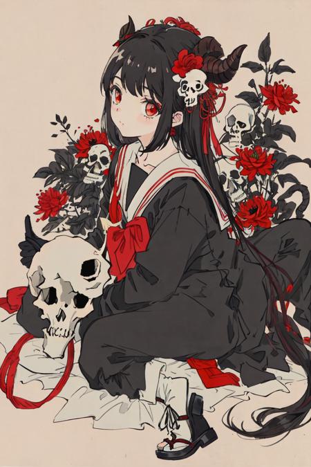 masterpiece, best quality, flat color, limited palette, low contrast,
1girl, serafuku, long straight black hair,
lycoris flower, goat skull,
(red, black)