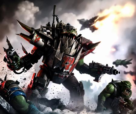 masterpiece,best quality,extremely detailed CG wallpaper, ultra_detailed,(high quality+high quality),(Masterpiece Painting:1.3) of (Ultra detailed:1.3),(Proud:1.3),1boy, gun, solo, checkered, male_focus, camouflage, good face,detailed face,warhammer40k,ork,two eyes,a group of people in a battle with a robot in the background and a man holding a gun in his hand, realistic, damaged, science_fiction, mecha, dirty, debris, battle, ground_vehicle, weapon, military, gun, motor_vehicle