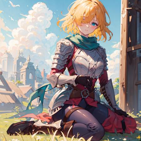 masterpiece, best quality, 1girl, grass field,flower,sitting ,wariza,looking at viewer,blonde hair, armor, red hair band, breastplate,shoulder armor, bangs , (armor boots),boots ,, green scarf ,armored boots,upper body, hair over one eye ,hair over one eye ,blue eyes ,gloves ,holding ,pantyhose ,   <lora:future_princess-10:1>