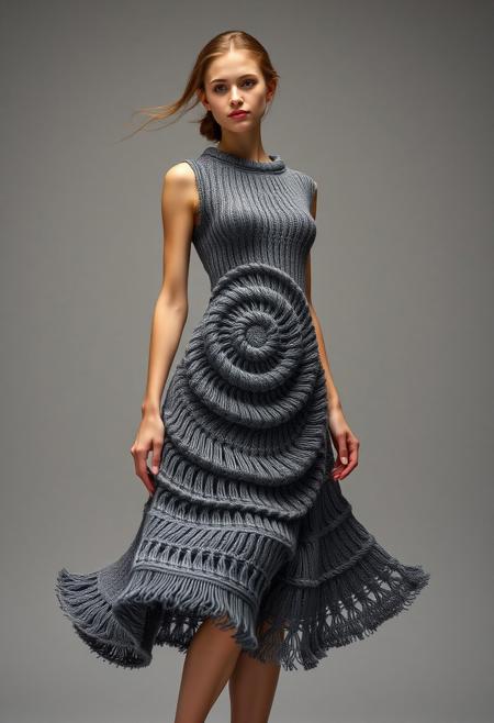 (nubile young woman:1.3), wearing (dress formed from a single intricate spirograph design:1.6), (knitted spiral structure:1.5), (dense central pattern:1.4), (lighter, breathable edges:1.3), (graceful curves in spiral knitting:1.3), (smooth fabric flow:1.2), (dynamic symmetry across the dress), (layered spiral complexity), (highlighted edges with subtle sheen:1.1), (minimal accessories), (elegant gallery setting), (light wind effect on fabric movement), (refined texture:1.3), (bulky or awkward structure:-1.4), (grayish tones:-1.2), (rough edges:-1.2), (photorealism:-1.5), (disproportionate anatomy:-1.3), (blurry elements:-1.2), (oversaturated highlights:-1.2)