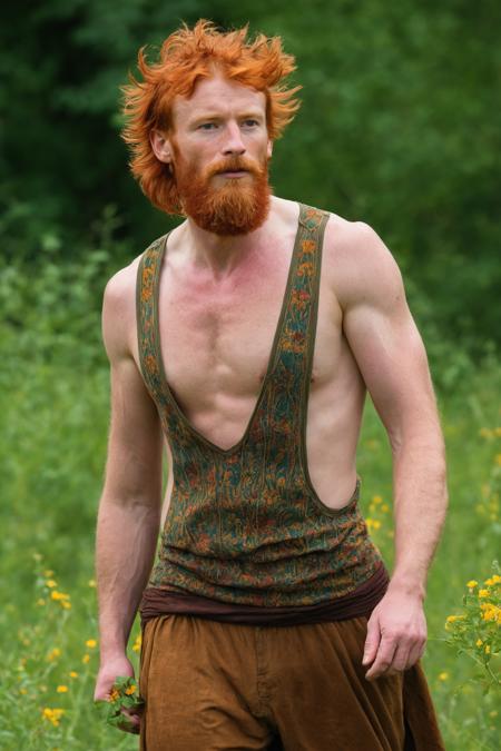 Amid a vibrant meadow abloom, a rugged yet lithe figure stands, his fiery crimson locks a stark contrast against the verdant surroundings. Clad in a loosely hanging tank top, its exaggerated armholes and plunging sides reveal glimpses of toned flesh adorned with a fiery trail of russet hair.
BREAK
On a sun-dappled canvas of wildflowers, an Irishman basks in the warmth, his chiseled features framed by a halo of burnished copper tresses. With a relaxed casualness, he dons a sleeveless shirt, its gaping armholes and daring side slits offering tantalizing peeks of his sculpted form, dusted with an alluring veil of ginger down.
BREAK
A tapestry of nature's vibrant hues unfurls beneath the tread of an auburn-haired Celt, whose rugged handsomeness is offset by a gentle, unassuming physique. His simple tank top hangs loosely, its cavernous armholes and plunging sides exposing the natural glory of a hirsute masculine form, from the tufted thatch under his arms to the ruddy down trailing across his chest.
BREAK
Wildflowers stretch as far as the eye can see, their kaleidoscope of colors a striking backdrop for the flame-haired vision striding amidst them. Though neither lean nor musclebound, the Irishman's physique is one of quiet strength, his loose tank top offering tantalizing glimpses of the fiery pelt cloaking his broad chest and the reddish thicket nestled under each arm. <lora:StringerSDXL_v2-B1-R:1>