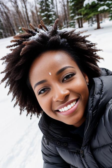 african women having fun taking selfies in the snow, beautiful, happy, excited, canon m50, detailed skin, realistic skin, (award winning:1.2),(photoreal),(uhd),(8k), snow in her hair, snow on her body, natural face