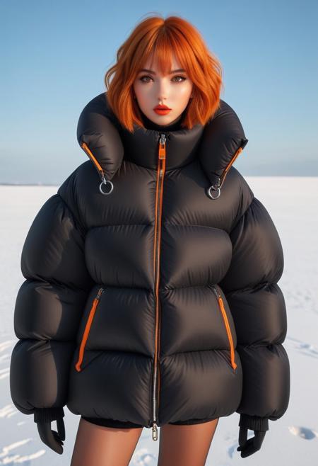 Oversized padded down jacket, Oversized padded puffer jacket, Oversized padded winter clothes, down vest, puffer vest, very very cold, cowboy shot, snow, winter, field, snow field, outdoors, nature, standing, landscape, high distinct image, gloves, Realistic, artstation original character, masterpiece, best quality, highres, ultra_detailed, 4k, UHD, pixiv, ligne claire, noise reduced, distinct, vivid, orange hair, unreal engine, orange eyes, hair ornament, sidelighting, detailed face, lipstick, perfect body, beautiful eyes, pretty face, 1girl, bishoujo, cant be this cute, bright skin, young girl, bangs, short hair, padded cuffs, padded collar, Thick padded cuffs, Thick padded collar, <lora:Collar-SDXL:0.6>, <lora:Cuffs-SDXL:0.6>, <lora:Puffer_Jacket_and_Down_Jacket_-_Extra_Puffy_Jackets:0.6>,  <lora:puffer_skirt_v1:0.6>