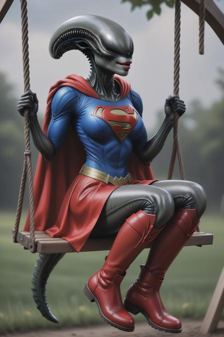 female xenomorph, realistic artwork of a xenowaifu, wearing a supergirl costume with red cape and boots <lora:female_xenomorph_xenowaifu_sdxl:0.8>  sitting on a swing, (tail:1.5), smiling, lips, holding the rope, blue sky