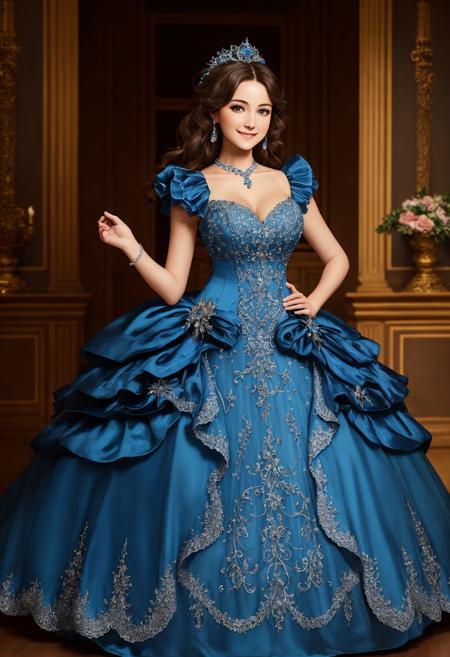 Masterpiece, absurdres, fine detail, HDR, highly detailed face and eyes, photorealistic, smiling, excited, ballgown, a woman in a blue dress posing for a picture , wearing a ballgown,  <lora:ballgown:0.7>