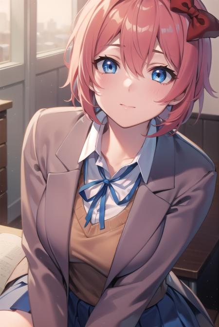 ddlcsayori, <lora:ddlcsayoritest:1>,
ddlcsayori, blue eyes, hair between eyes, hair bow, hair ornament, pink hair, red bow, short hair,
BREAK blue skirt, pleated skirt, school uniform, skirt, brown jacket, jacket,
BREAK looking at viewer,
BREAK indoors, classroom,
BREAK <lora:GoodHands-vanilla:1>, (masterpiece:1.2), best quality, high resolution, unity 8k wallpaper, (illustration:0.8), (beautiful detailed eyes:1.6), extremely detailed face, perfect lighting, extremely detailed CG, (perfect hands, perfect anatomy),