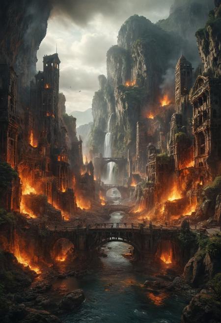 A grand, fiery fantasy city carved into a mountainside with intricate architectural designs. The burning city features multiple domed buildings, towering statues, and a large bridge connecting different parts of the city. The scene is set in a dark landscape with rocky cliffs and waterfalls, creating a sense of terror and doom.