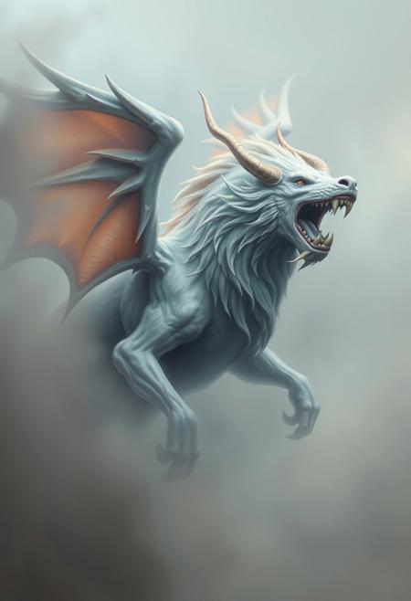 A photorealistic painting depicting a Slavic mythical beast, its pastel-hued form sculpted and dynamic, set within a thick fog. Soft pastel colors dominate, with blurred edges creating atmospheric depth.  The style blends photorealism and painterly abstraction, emphasizing layered textures and a muted yet dynamic color palette. The composition evokes a dreamlike atmosphere, with a balance of motion and stillness.
