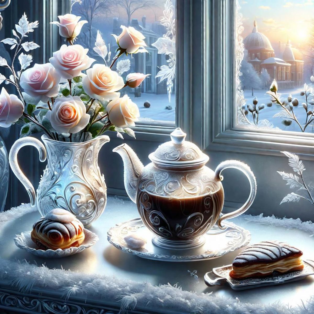 A Silver Tea Set with Pink Roses and Pastries on a Snowy Table
