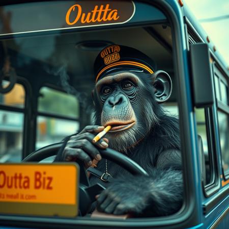 a bus at the street driven by a chimpanzee with a driver's hat and smoking a cigarette holding it with his lips, the bus has a sign that reads "Outta Buzz", realistic, studio quality, detailed, 8K
