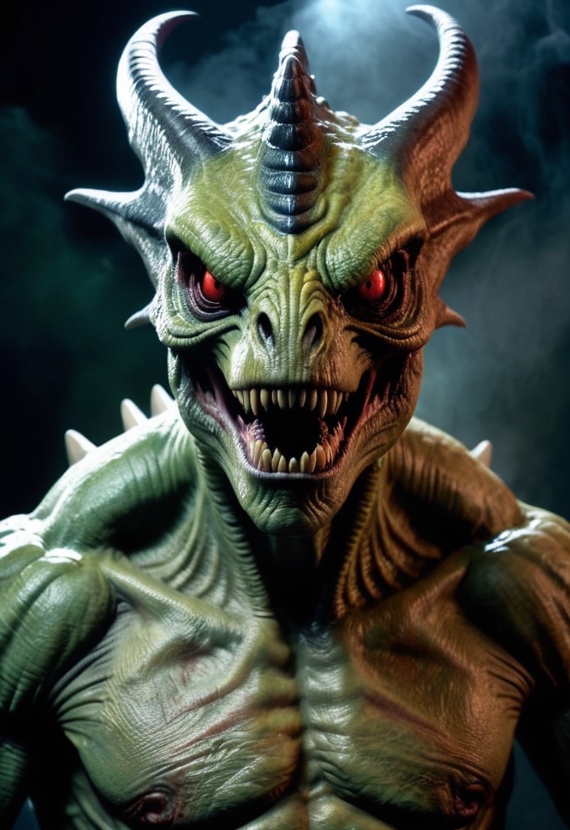 close up photo of creature (demon, Dinosaurs, alien), dangerous moody