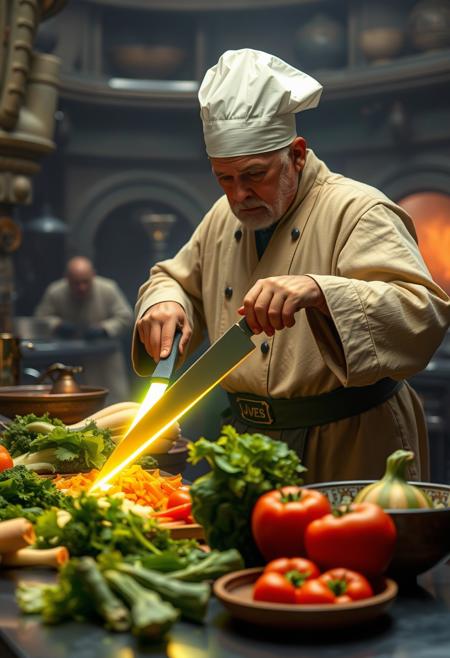 A chef in Jedi tobes uses a laser knife to chop a variety of vegetables in the kitchen of Jabba the Hutt's palace.