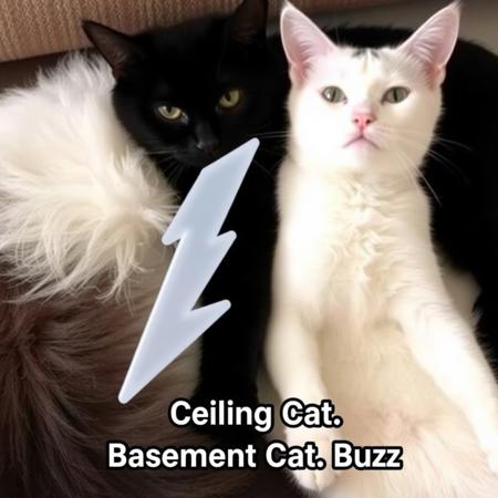 a solid white persian cat is laying next to a solid black american shorthair cat. in front of the cats is a lightning bolt emoji made of plastic. a caption under the image reads "Ceiling Cat. Basement Cat. Buzz."