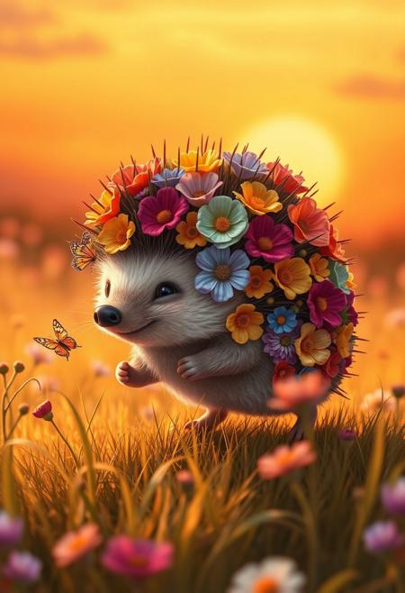 A hyper-stylistic, extremely detailed image depicts an adorable hedgehog, reminiscent of a Pixar film, covered in gorgeous, colorful flowers, playing joyfully in a sunset-filled meadow. The hedgehog's quills are adorned with a vibrant array of blooms, each one perfectly placed to create a stunning display of color and texture. The meadow around it is a kaleidoscope of warm, golden hues, with delicate, swaying grasses and a few wispy clouds drifting lazily across the sky. The hedgehog itself is a bundle of energy, its little legs moving quickly as it chases after a butterfly or plays with a flower. Every detail of the image is meticulously crafted, from the intricate, textured patterns of the flowers to the delicate, nuanced colors of the meadow. The overall effect is one of whimsical, sun-kissed joy, as if the viewer has stumbled upon a hidden treasure of natural beauty and wonder. highest-Quality, intricate details, visually stunning, Masterpiece