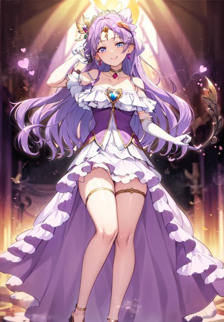 ((masterpiece, highres)),fullbody,
(1 Adult Women,cure earth), bare shoulders,  jewelry, smile, solo, thigh strap, thighlet,  dress, earrings, elbow gloves, floating hair, gloves, hair ornament, heart hair ornament, leg garter, off shoulder, off-shoulder dress, purple bow, purple choker, skirt, tiara, white gloves, wavy hair , purple dress, collarbone, leaf hair ornament,forehead,
<lora:cure earth_v2:0.6:ALL1>