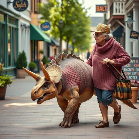 Create a realistic photograph of a sweet elderly lady walking her pet Triceratops, which is the size of a Labrador, on a leash. Both the dinosaur and the lady are wearing matching sweaters and hats. The scene is set on a sunny summer day on a charming street lined with shops. The perspective should be from the side, showcasing the dinosaur in its sweater. The atmosphere should be cheerful and whimsical, capturing the unique bond between the lady and her dinosaur