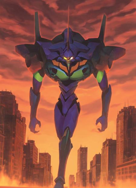 evaunitone, building, city, cityscape, cloud, cloudy sky, fire, full body, glowing, glowing eyes, mecha, multiple views, orange theme, outdoors, robot, sky, skyscraper, standing, walking, eva 01, neon genesis evangelion, highres <lora:SD15_noise_offset:1> <lora:eva01_v2:0.7>