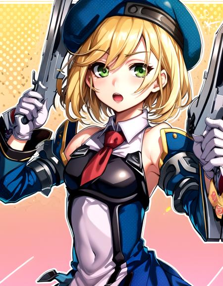 (symmetric, highres, absurdres, novel illustration, promotional art, game cg, exceptional, best aesthetic, best quality, masterpiece, extremely detailed, center frame:1.0), holding gun, handgun, dual wielding, noel vermillion, solo, green eyes, blonde hair, short hair, beret, collared dress, detached sleeves, white gloves, ((outline)), ((polka dot background))  <lora:noel vermillion (calamity trigger):1>