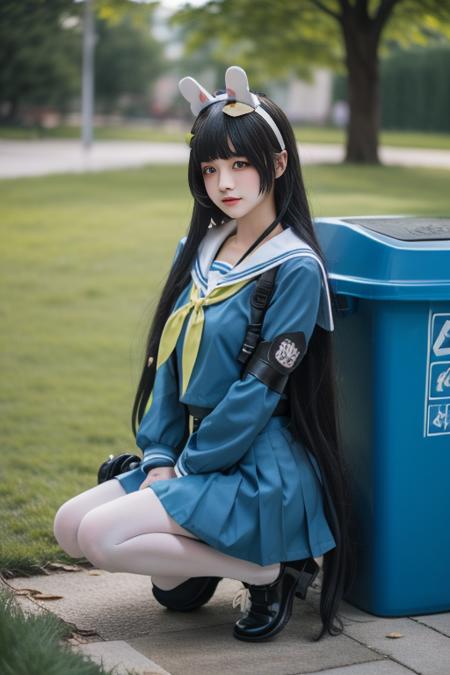 ltra-detailed,highly detailed,best quality,masterpiece,illustration,realistic,
kasumizawa miyu, 1gir l, solo, miyu \(blue archive\),cosplay,
bangs, long hair,fake animal ears, rabbit ears,
school uniform, serafuku, neckerchief, sailor collar,long sleeves, pleated skirt,
looking at viewer, in trash can,
photo background,outdoors, ruins,trash can, grass, bush,
<lora:kasumizawa miyu_v1_07:0.7>