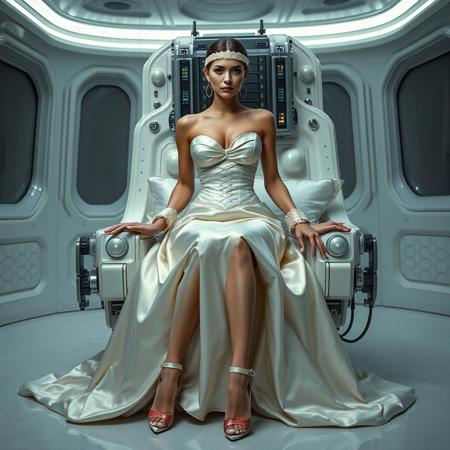 A slender, arrogant bride, dressed in a luxurious, rich fantasy satin wedding gown with a fitted, boned corset and a full, flared skirt, paired with satin high heels, orgasm face.,  The brainwashing headband, is secured to her temples, connected to a  futuristic superconputer rack. Her hands and ankles are bound to a biomechanical white chair, adorned with wet-look glossy pearl pillows, by massive steel restraints, accentuating her ultra-thin waist. she is drugged from standing drop counter with weird medicine. The scene is set in a sterile, empty chamber, with a glossy mother-of-pearl finish, evoking a sense of futuristic dread. Inspired by the cinematic styles of Ridley Scott, Guillermo del Toro, and H.R. Giger, with a blend of sci-fi and horror elements, this full-body portrait is a masterpiece of cinematic storytelling, shot on a virtual v-raptor XL camera, with a warm, film-grained aesthetic, subtle vignette, and rich color grading, reminiscent of 35mm film, with dramatic, atmospheric lighting, inviting the viewer to immerse themselves in this epic, stunning scene.
