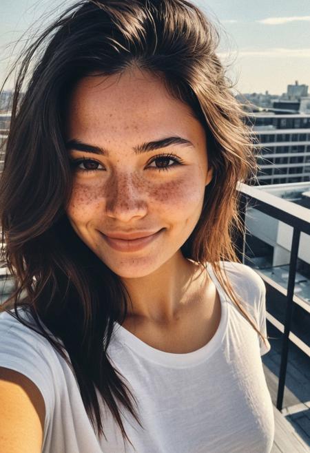 instagram selfie , a 23 year old gorgeous woman , slight smile , beautiful smile, detailed skin face and eyes , natural lighting , sun at rooftop, long hair,  top t-shirt,  film grain, low contrast, natural face , freckles , black hair , brown eyes, dark circles under eyes, slim breasts, round breasts, sun