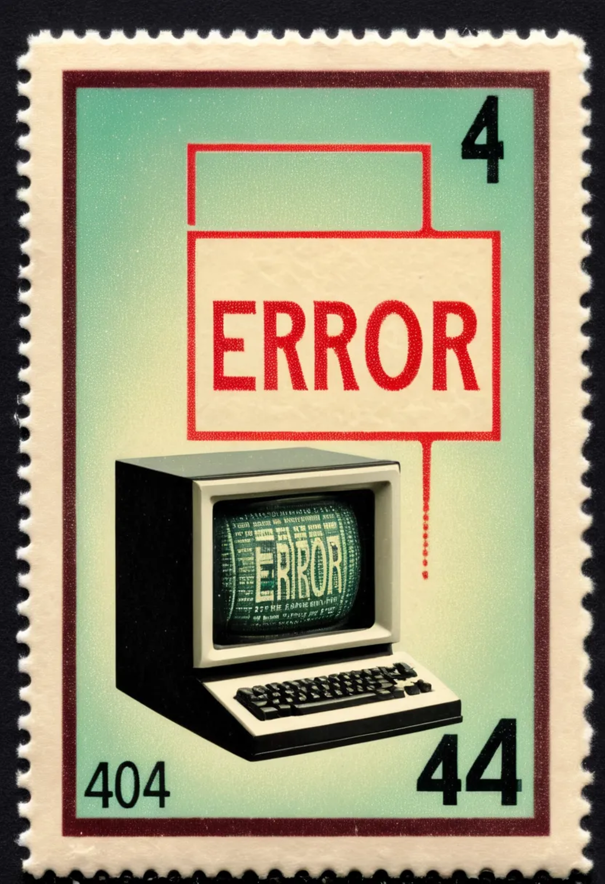 A vintage computer error sticker on a postage stamp.