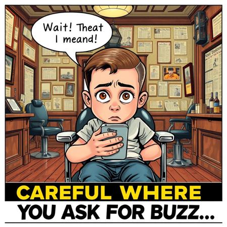 Classic comic strip style, close up portrait of a boy sitting in a chrome and black leather barber's chair facing the viewer. He is getting his hair cut in an old fashioned barbershop, the room has dark mahogany hardwood floors and walls, and every wall is covered with framed pictures and newspaper articles.
The boy is looking at the viewer, he is startled in his seat, a wide-eyed horrified expression on his face. (half of head is shaved). The boy is wearing wearing a T-shirt and blue jeans, he is holding a cellphone with a CivitAI logo on it.  
A speech bubble above the boy reads "Wait! That's not what I meant!".
A title banner runs across the bottom of the image with bold text reading "Careful Where You Ask For Buzz..."