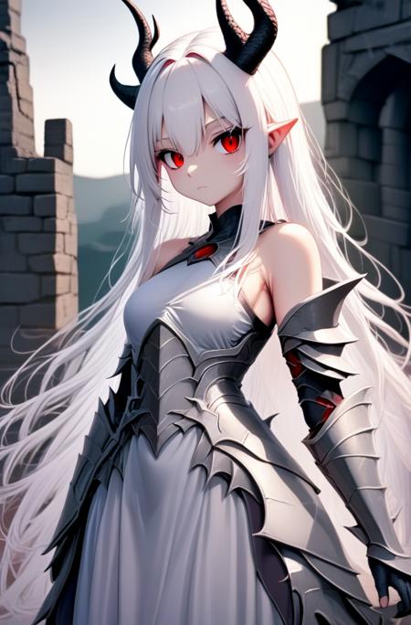 long hair, white hair, red eyes, dragon horns, long hair, dress, ruins, armor,