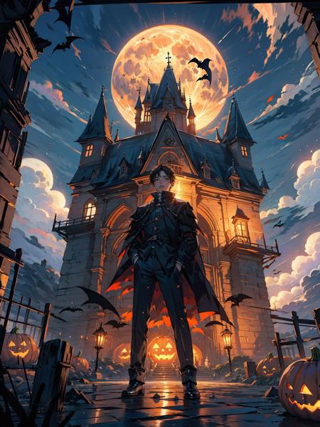 Halloween,pumpkins,ghosts,ghosts,1 boy,witches, castle, moon,<lora:pkN2:0.5>,