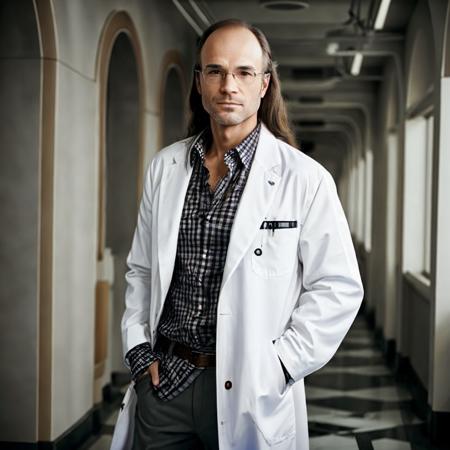 a nerdy man,hairloss, with a long power donut hairstyle, wearing a checkered shirt and white labcoat in a hallway <lora:Hairloss-Concept-LoRA:0.7>, (best quality),pretty, Overgenerously Fine, Extreme Photo Realism, 8k,Masterwork