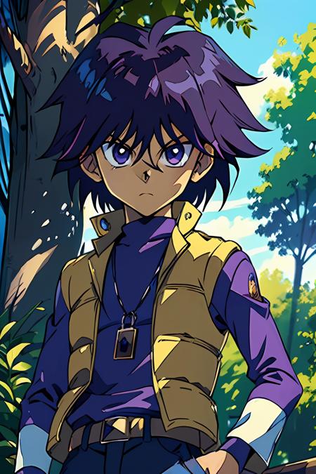 (masterpiece, best quality, ultra-detailed), 1boy, purple hair, looking at viewer, serius expression, Mokuba Kaiba ,park ,boy body, standing, trees