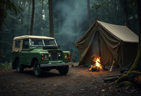 a classic Land Rover Series I parked beside a vintage canvas tent deep in the rainforest, with campfire smoke drifting into foggy air, cinematic overcast lighting, moss on tires, earthy tones, 70s survival vibe, film grain, faded look, worn textures, peaceful atmosphere
--ar 3:2 --style cinematic --v 5
<lora:classic_cars_vintage_adventure:0.9> <lora:cinematic_moody_lighting:0.6>