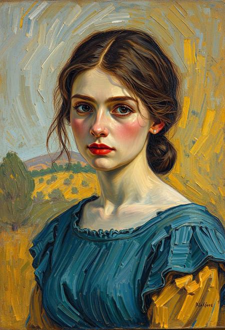 oil painting of a young woman in Provence in 1890 in style of Van Gogh,  thick brush strokes discernible on face and clothes