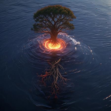 hyper detailed, water horizon, (divine tree emerges from water:1.5), encircle, spiral , golden glow , golden red roots, SilverPulse