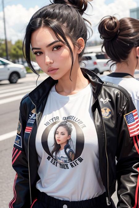 photo of a beautiful woman, wearing a fighter pilot jacket, (t-shirt), and pants, ((hair in messy bun)), juli4_ke11y, naval carrier background, portrait, close-up, 1girl