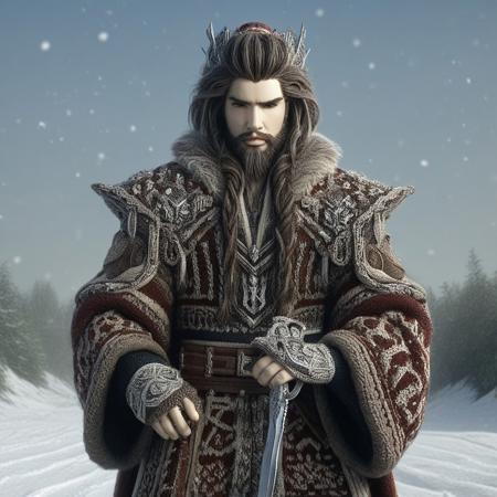 masterpiece, best quality, newest, absurdres, highres, thunderboltfantasy, hIghly detailed photograph, 1boy, standing, ChristmasSweater,  outdoors, snow, sword, brown robes, beard, long hair, black hair