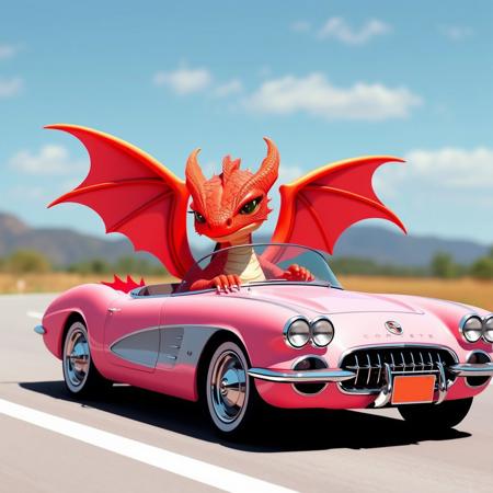 a red dragon hatchling is driving a pink convertible corvette with the top down