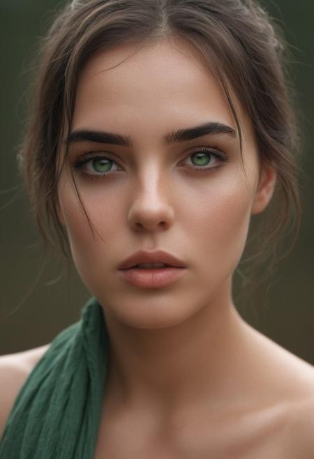 her eyes are striking, a deep green that seems to hold an endless depth, like pools of ancient water reflecting the sky above, they are sharp and alert, their gaze steady and unyielding, as if she has seen more than most would dare to imagine, her brows are thick and well-defined, adding to the intensity of her expression, while strands of her dark hair escape from beneath the scarf, framing her face with a wild, untamed beauty,
her lips are full and painted with a soft, natural hue, giving her a serene yet determined look, there is no trace of fear or hesitation in her expression; instead, there is a quiet resolve, as though she is prepared for whatever challenges lie ahead, the lighting is soft, casting gentle shadows across her features, accentuating the contours of her face and highlighting the strength etched into her brow