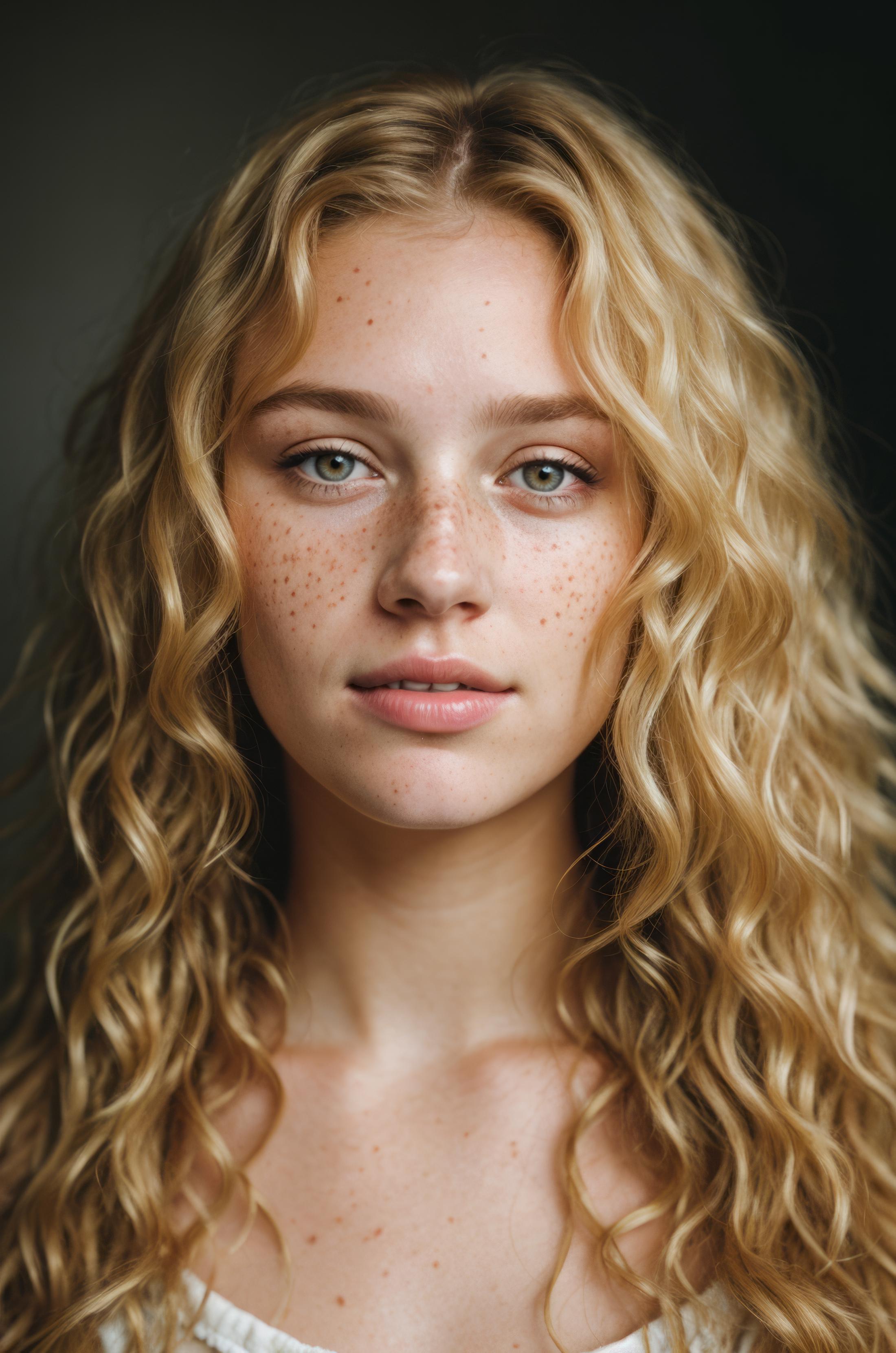 A woman with blonde curly hair and freckles on her face.